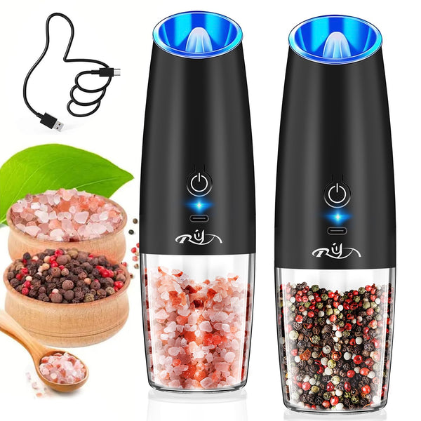 Gravity Electric Salt and Pepper Grinder Set with LED lightsStainless Steel Automatic Pepper or Salt Grinder Mill Shaker Refillable with Adjustable CoarsenessBlack