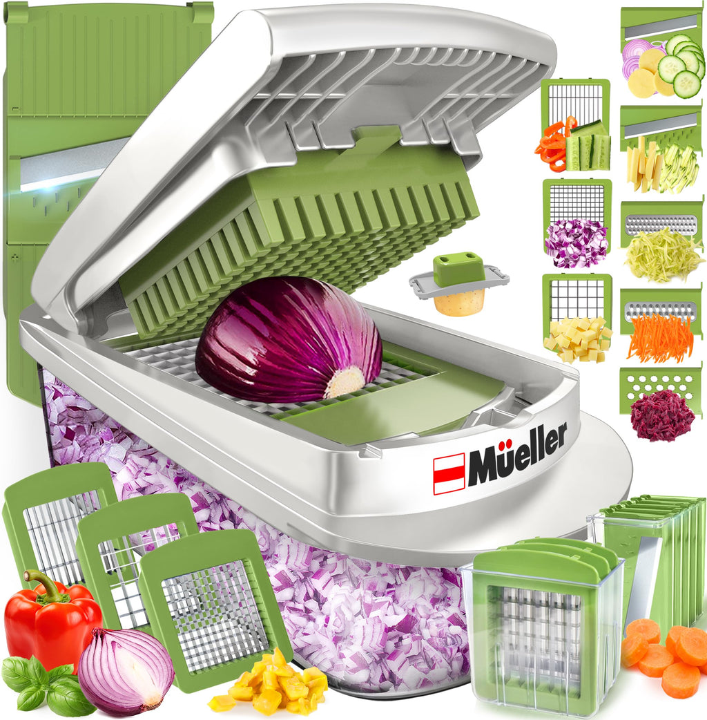 Mueller Pro-Series 10-in-1 8 Blade Vegetable Chopper Onion Mincer Cutter Dicer Egg Slicer with Container French Fry Cutter Potato Slicer Home Essentials Salad Chopper White Sand/Green