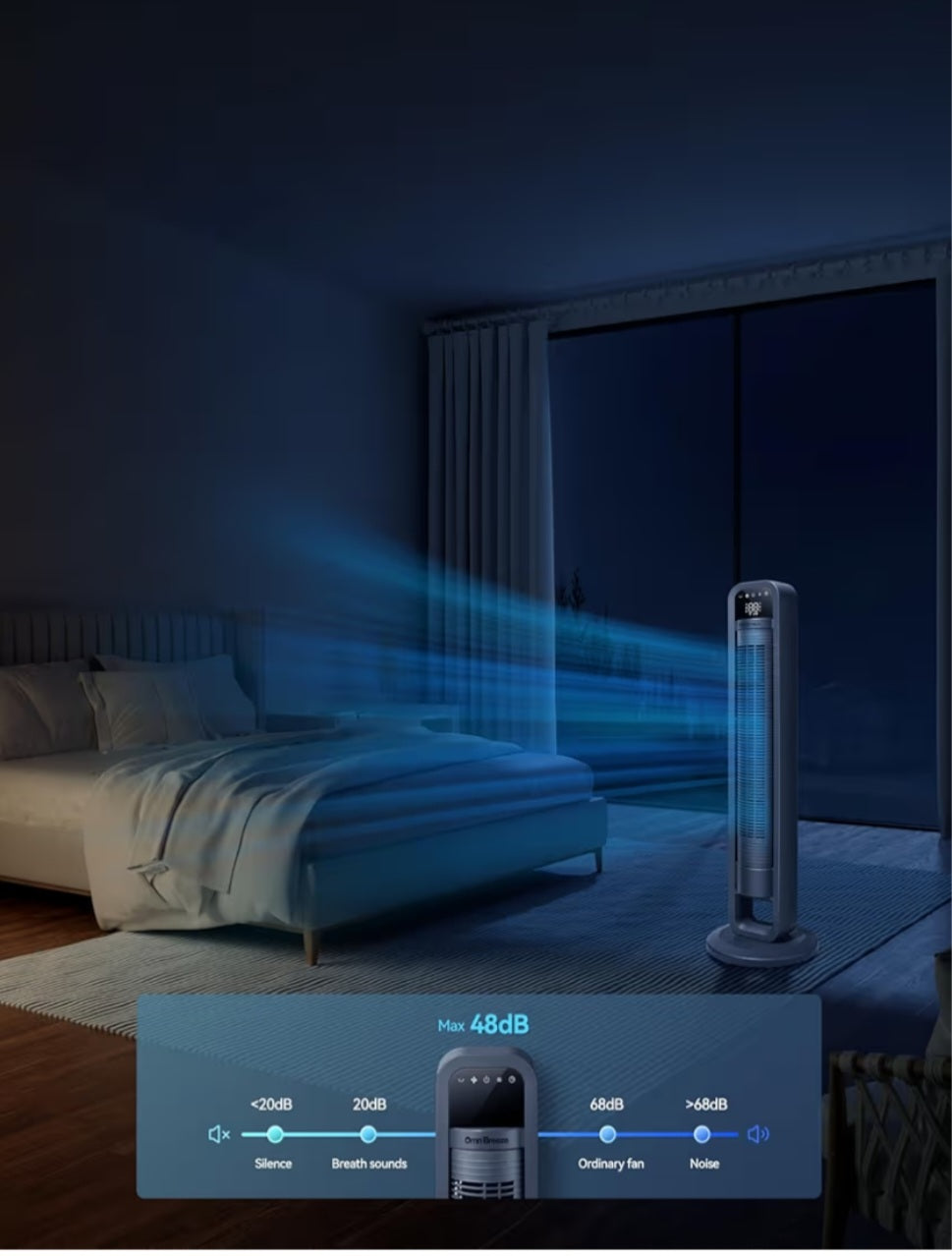 OmniBreeze Digital Electric Tower Fan Inner Oscillation with Remote Control LED Display Standing Bladeless Floor Fans Cooling and Quite Indoor Living Room Bedroom use (40Inch)