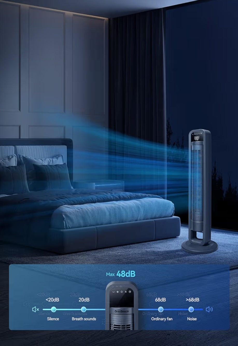 OmniBreeze Digital Electric Tower Fan Inner Oscillation with Remote Control LED Display Standing Bladeless Floor Fans Cooling and Quite Indoor Living Room Bedroom use (40Inch)