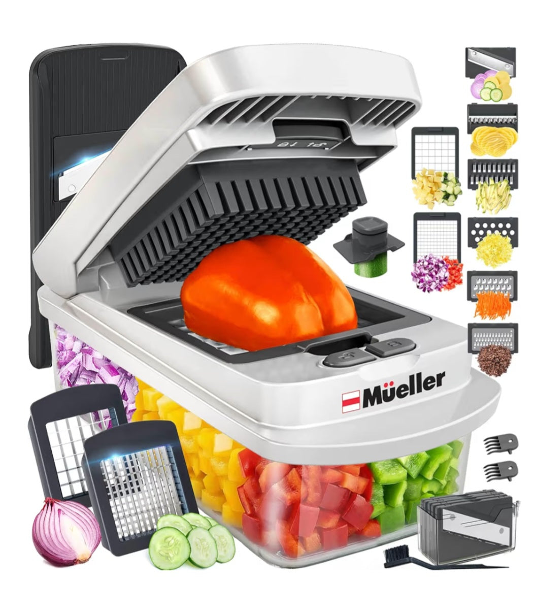 Mueller Pro-Series 10-in-1 8 Blade Vegetable Chopper Onion Mincer Cutter Dicer Egg Slicer with Container French Fry Cutter Potato Slicer Home Essentials Salad Chopper White Sand/Green