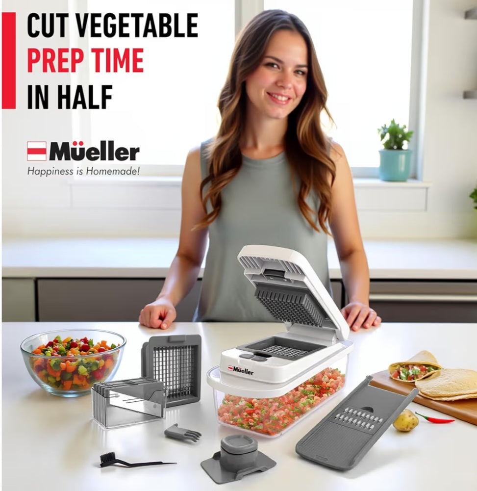 Mueller Pro-Series 10-in-1 8 Blade Vegetable Chopper Onion Mincer Cutter Dicer Egg Slicer with Container French Fry Cutter Potato Slicer Home Essentials Salad Chopper White Sand/Green