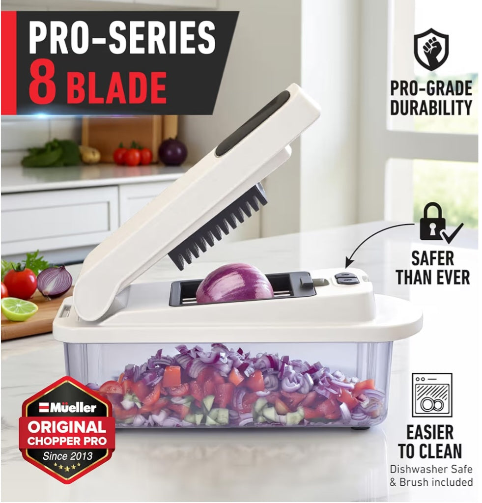 Mueller Pro-Series 10-in-1 8 Blade Vegetable Chopper Onion Mincer Cutter Dicer Egg Slicer with Container French Fry Cutter Potato Slicer Home Essentials Salad Chopper White Sand/Green