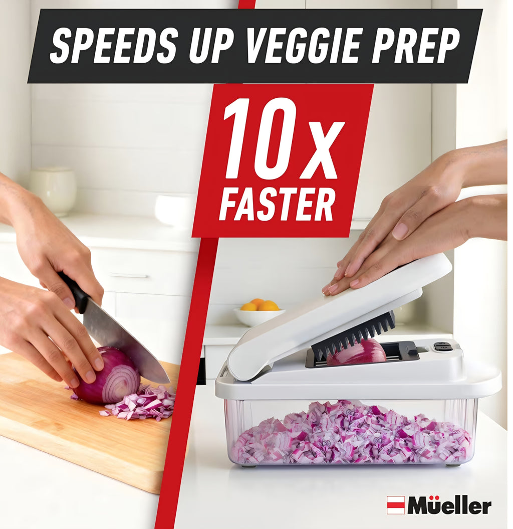 Mueller Pro-Series 10-in-1 8 Blade Vegetable Chopper Onion Mincer Cutter Dicer Egg Slicer with Container French Fry Cutter Potato Slicer Home Essentials Salad Chopper White Sand/Green