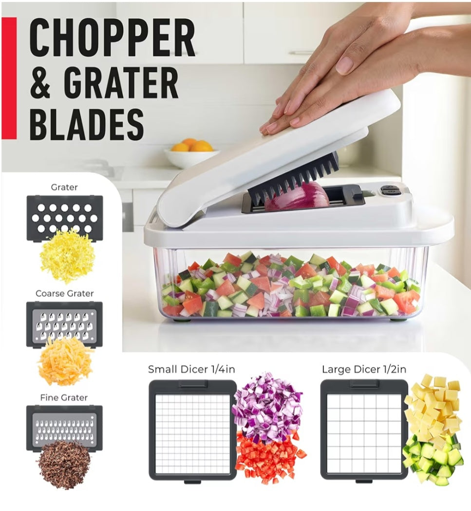 Mueller Pro-Series 10-in-1 8 Blade Vegetable Chopper Onion Mincer Cutter Dicer Egg Slicer with Container French Fry Cutter Potato Slicer Home Essentials Salad Chopper White Sand/Green