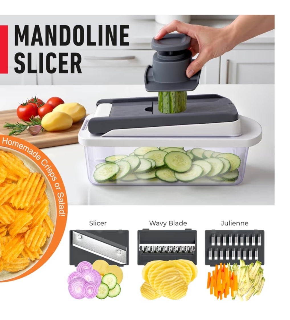 Mueller Pro-Series 10-in-1 8 Blade Vegetable Chopper Onion Mincer Cutter Dicer Egg Slicer with Container French Fry Cutter Potato Slicer Home Essentials Salad Chopper White Sand/Green