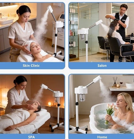 Professional 2 in 1 Facial Steamer for Face Professional Deep Cleansing with Hot Mist Function Stand on Wheel High Frequency for Home Spa Salon Beauty Skin Care White