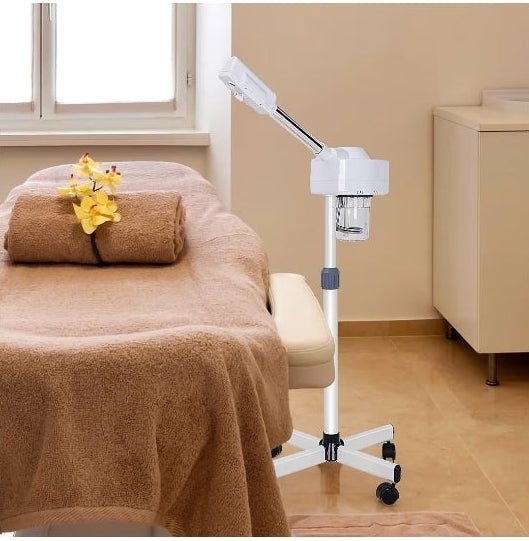 Professional 2 in 1 Facial Steamer for Face Professional Deep Cleansing with Hot Mist Function Stand on Wheel High Frequency for Home Spa Salon Beauty Skin Care White