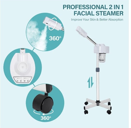 Professional 2 in 1 Facial Steamer for Face Professional Deep Cleansing with Hot Mist Function Stand on Wheel High Frequency for Home Spa Salon Beauty Skin Care White